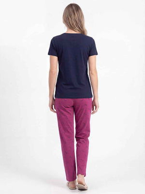 Cotton Night Suit-Navy Blue Top with Pink Printed Pyjama