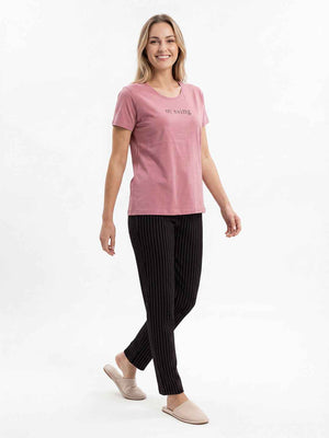 Cotton Night Suit-Pink Top with Black Stripes Pyjama