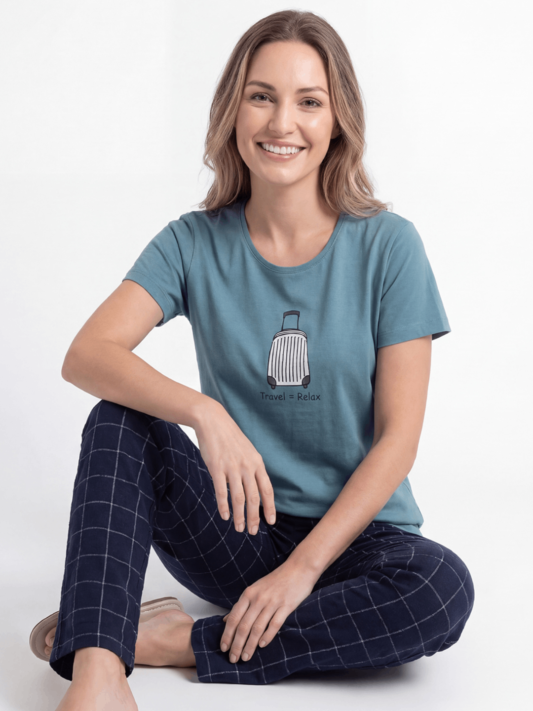 Cotton Night Suit-Blue Top with Navy Blue Checks Pyjama