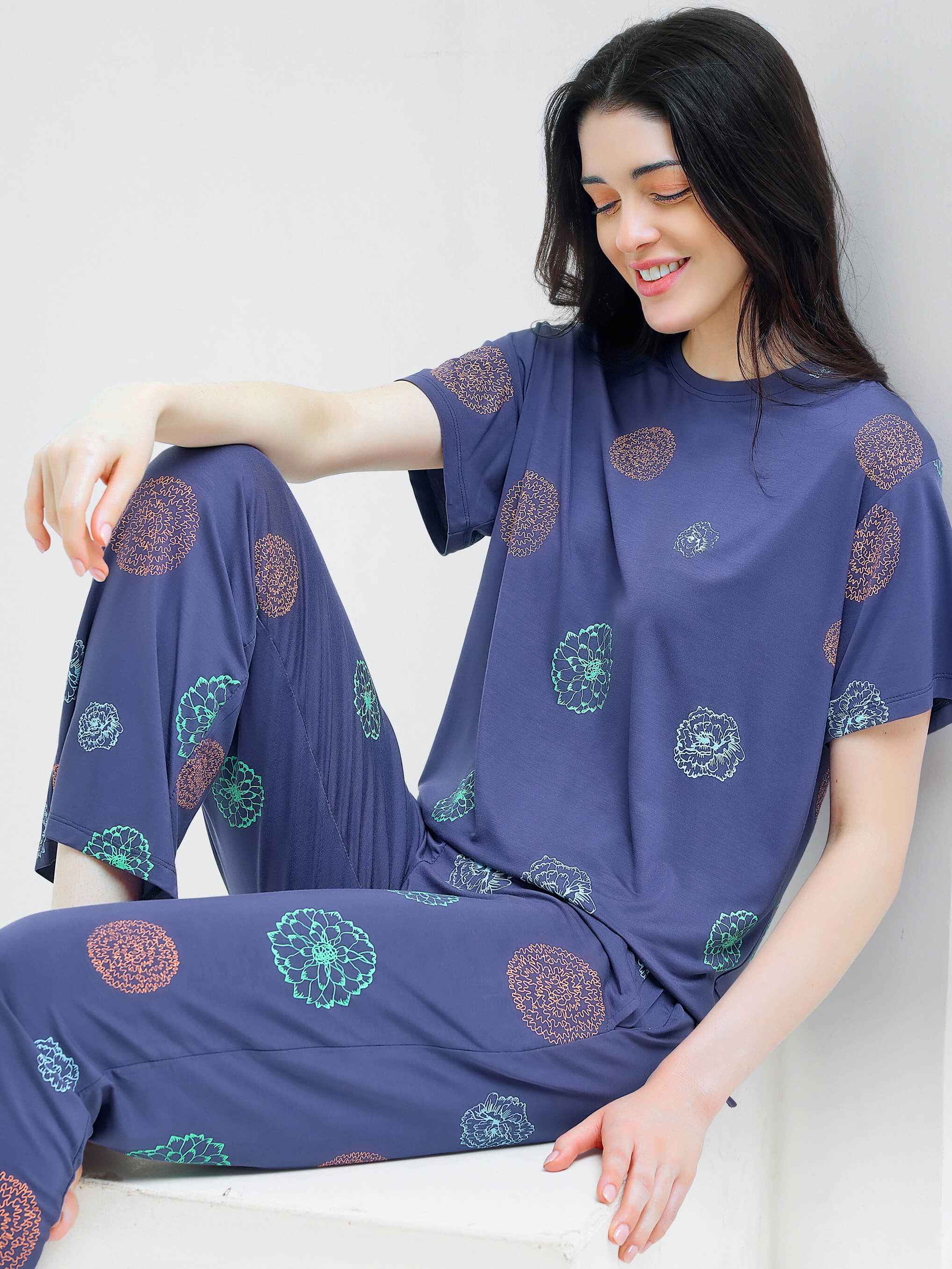 Blue Floral Print Modal Night Suit