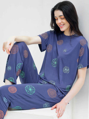 Blue Floral Print Modal Night Suit