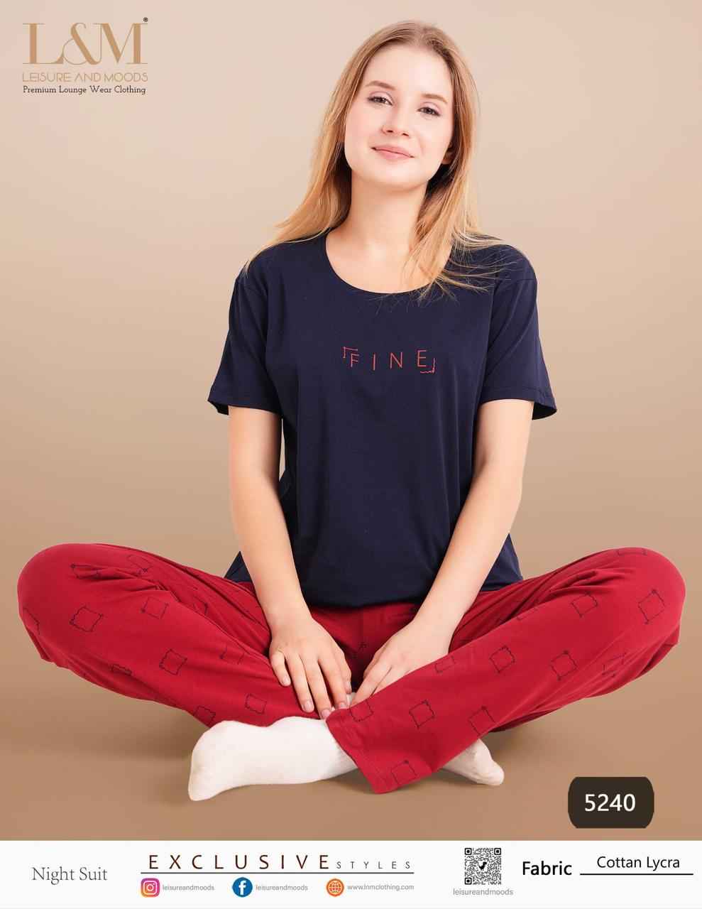 Night Suit – Navy Blue Printed Top with Red Pyjama