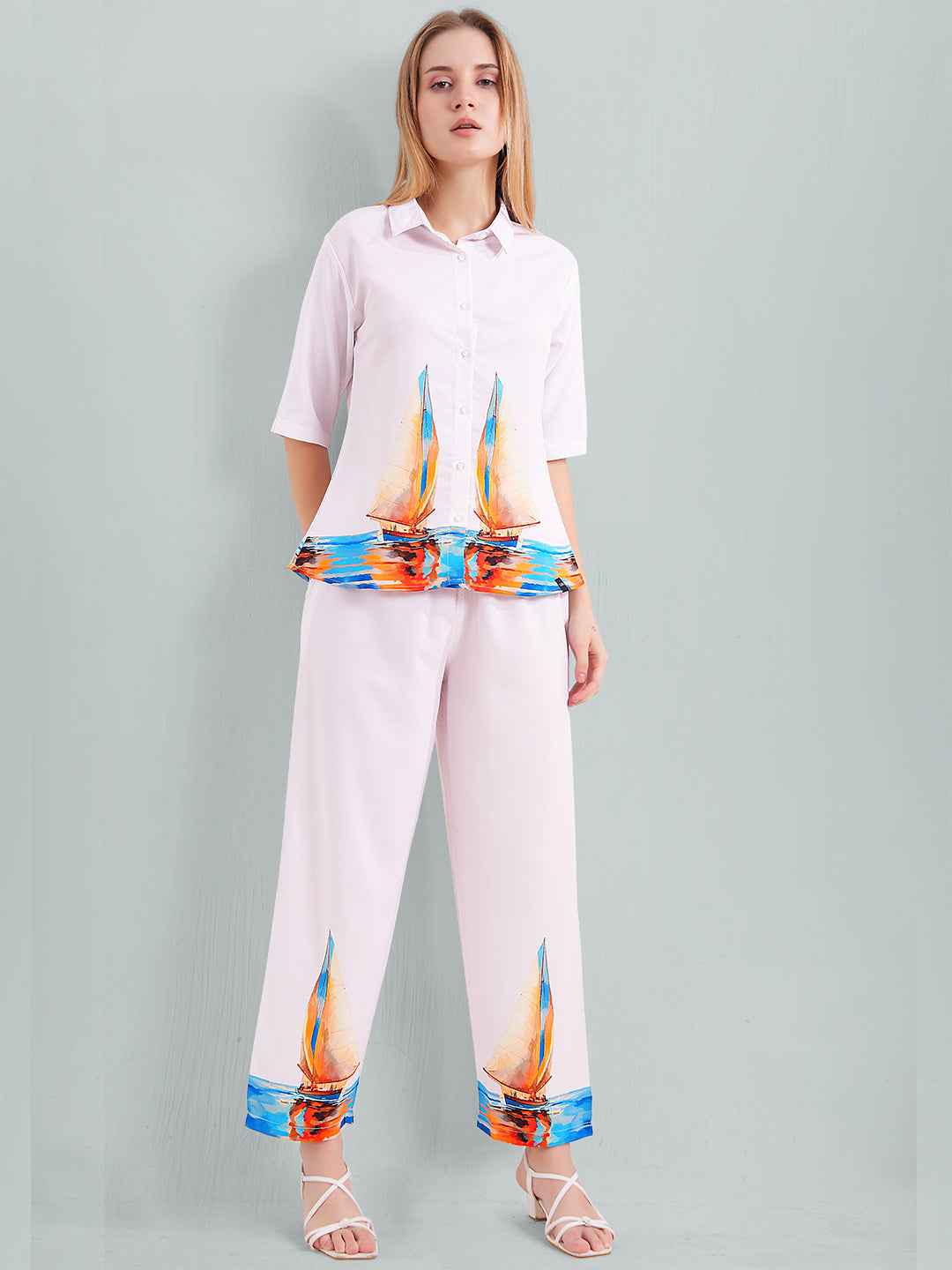 Rayon Co-ord Set – White Shirt & Pant with Colorful Sailboat Print