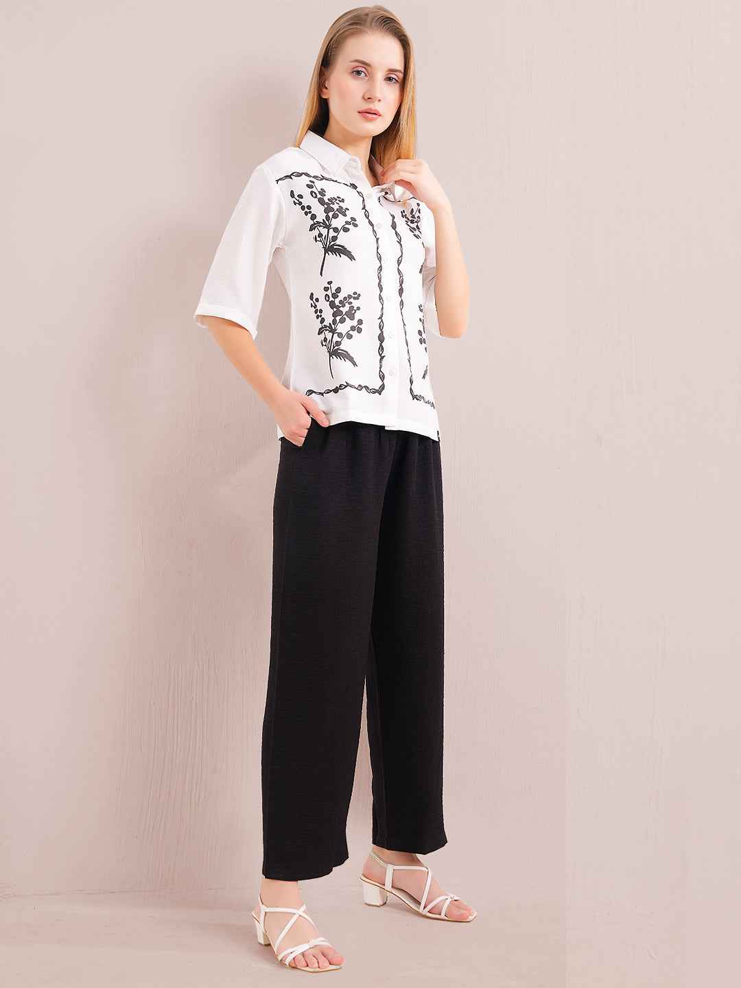 Linen Co-ord Set – White Printed Shirt with Black Straight Pants