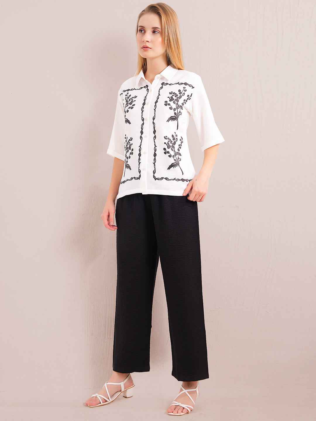 Linen Co-ord Set – White Printed Shirt with Black Straight Pants