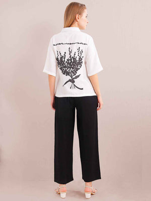 Linen Co-ord Set – White Printed Shirt with Black Straight Pants