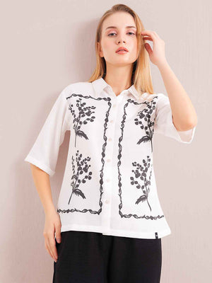 Linen Co-ord Set – White Printed Shirt with Black Straight Pants