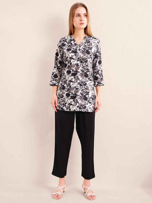 Linen Kurta Set – Black & White Floral Printed Kurta with Solid Black Pants