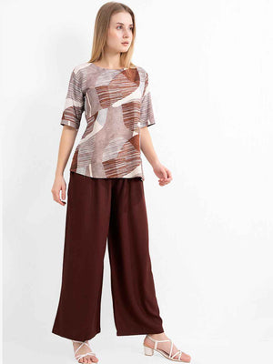 Rayon Co-ord Set - Printed Top with Solid Brown Pants