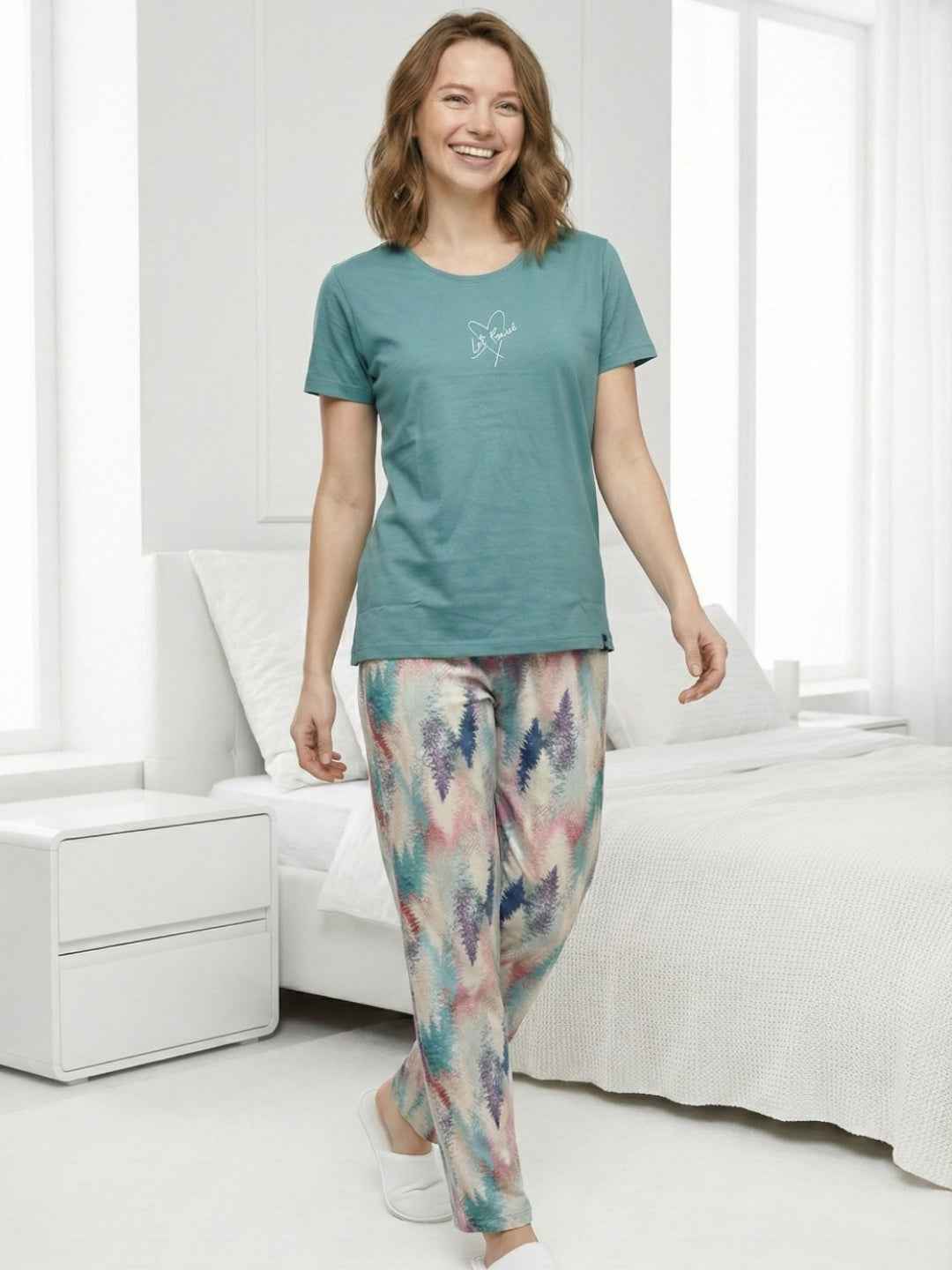 Cotton Night Suit- Blue Top with White Printed Pyjama
