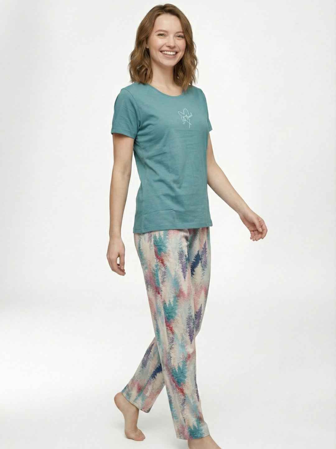 Cotton Night Suit- Blue Top with White Printed Pyjama