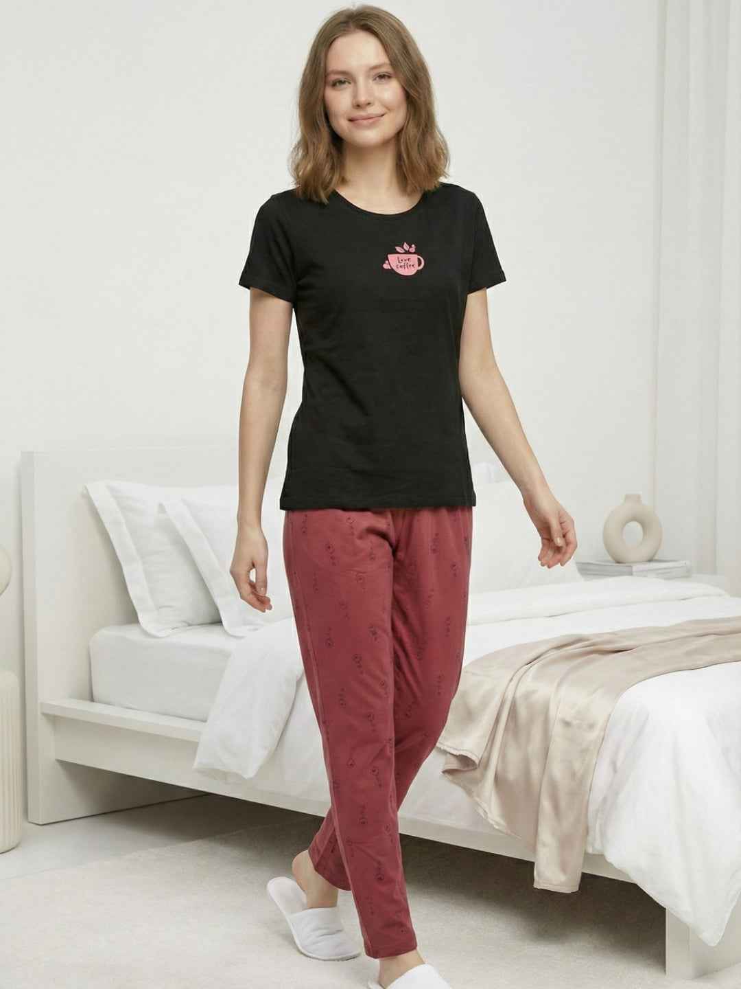 Cotton Night Suit- Black Top with Red Printed Pyjama