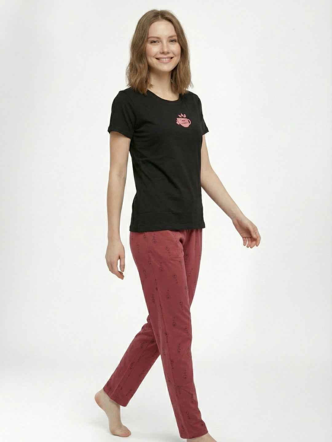 Cotton Night Suit- Black Top with Red Printed Pyjama