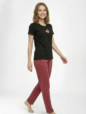 Cotton Night Suit- Black Top with Red Printed Pyjama