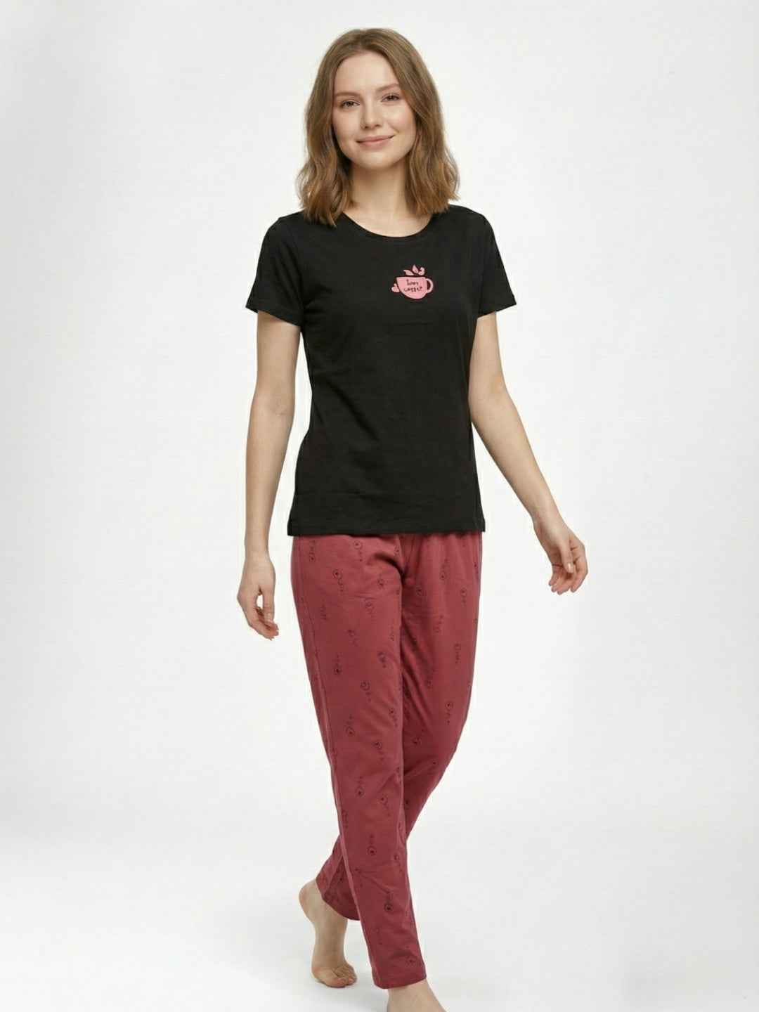 Cotton Night Suit- Black Top with Red Printed Pyjama