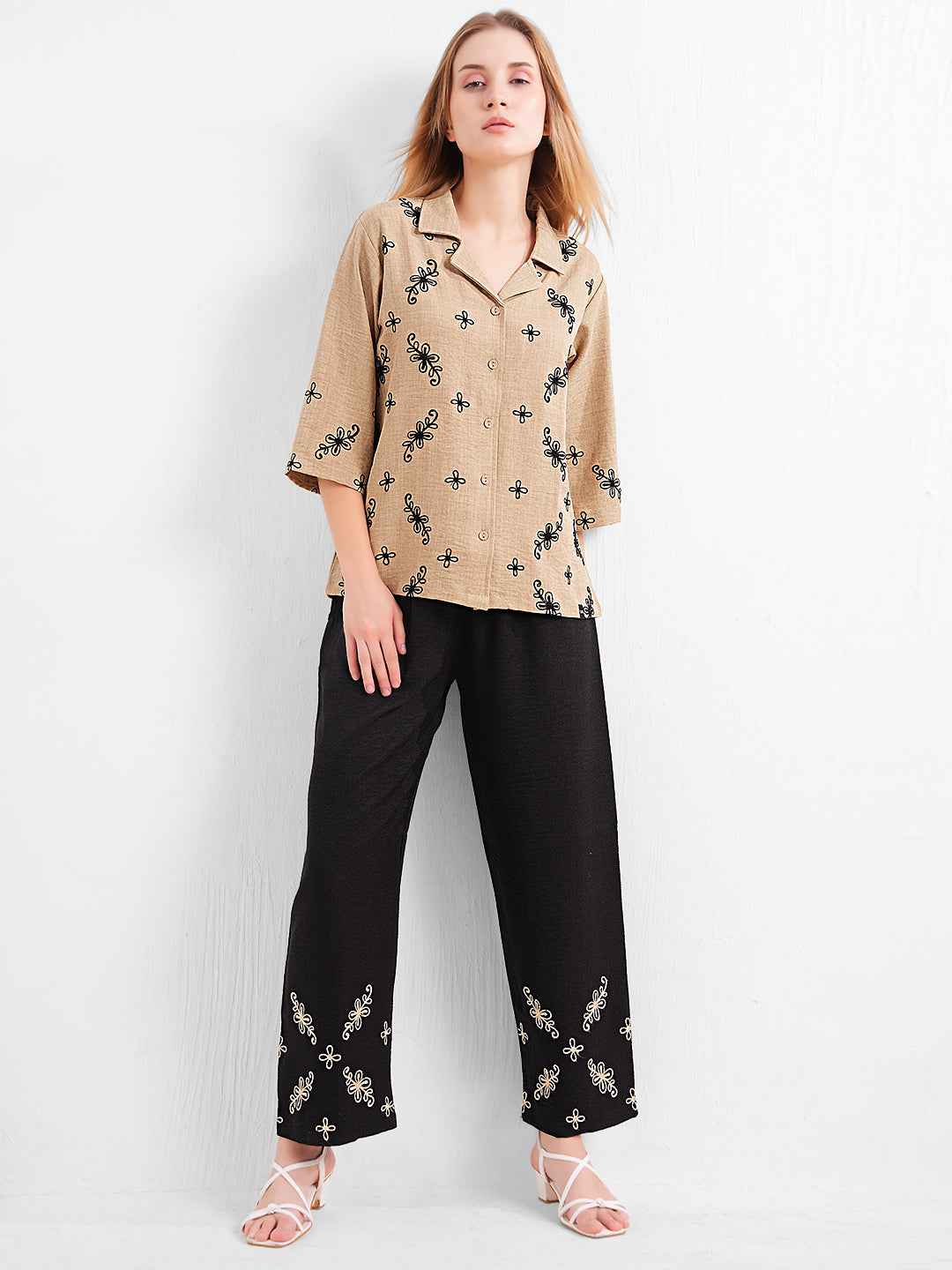 Linen Co-ord Set – Brown Collared Top with Black Embroidery & Black Wide-Leg Pants