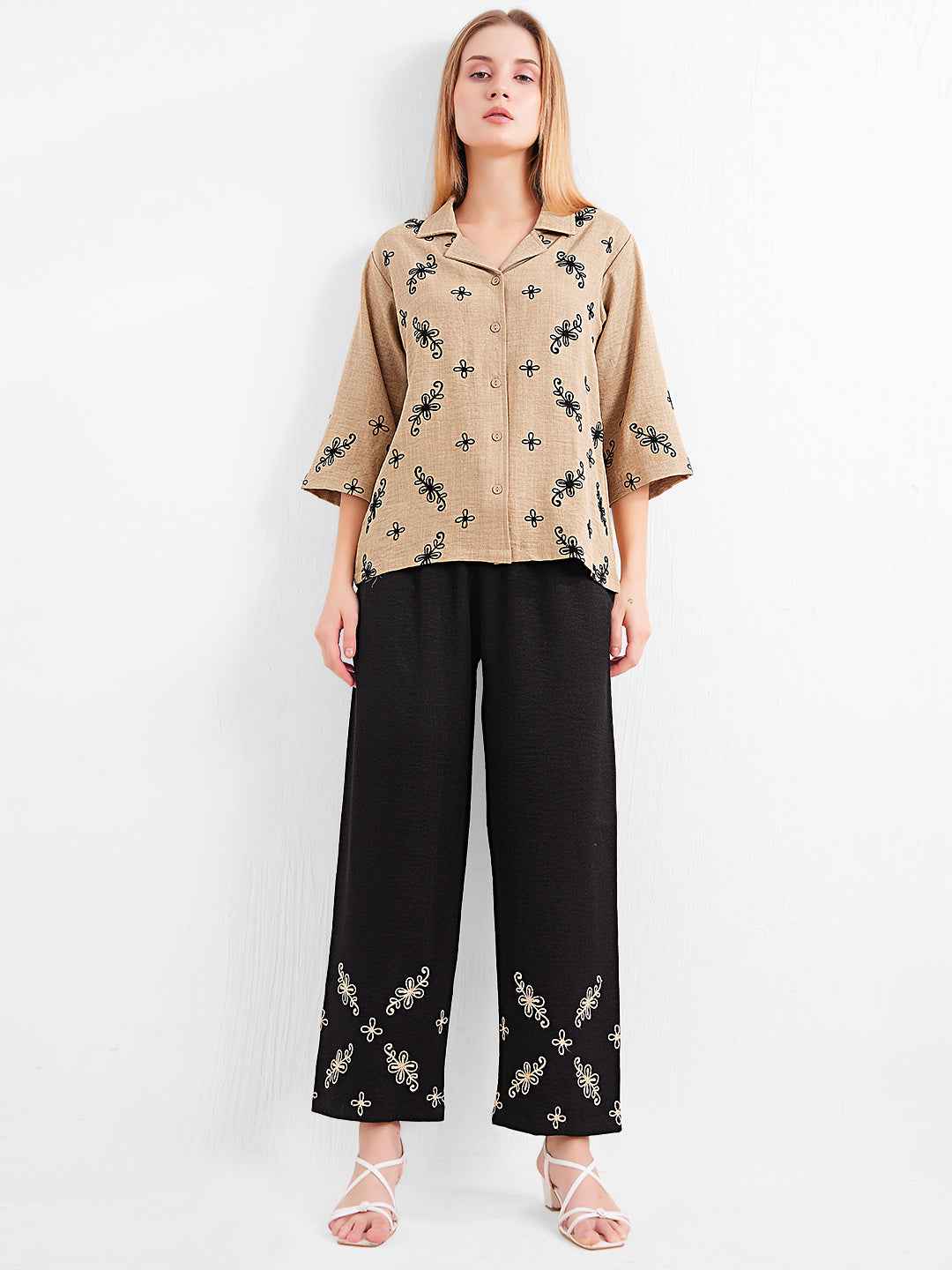 Linen Co-ord Set – Brown Collared Top with Black Embroidery & Black Wide-Leg Pants