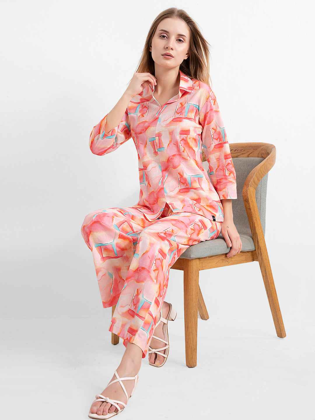Linen Co-ord Set – Multicolor Abstract Print Shirt & Straight Pants