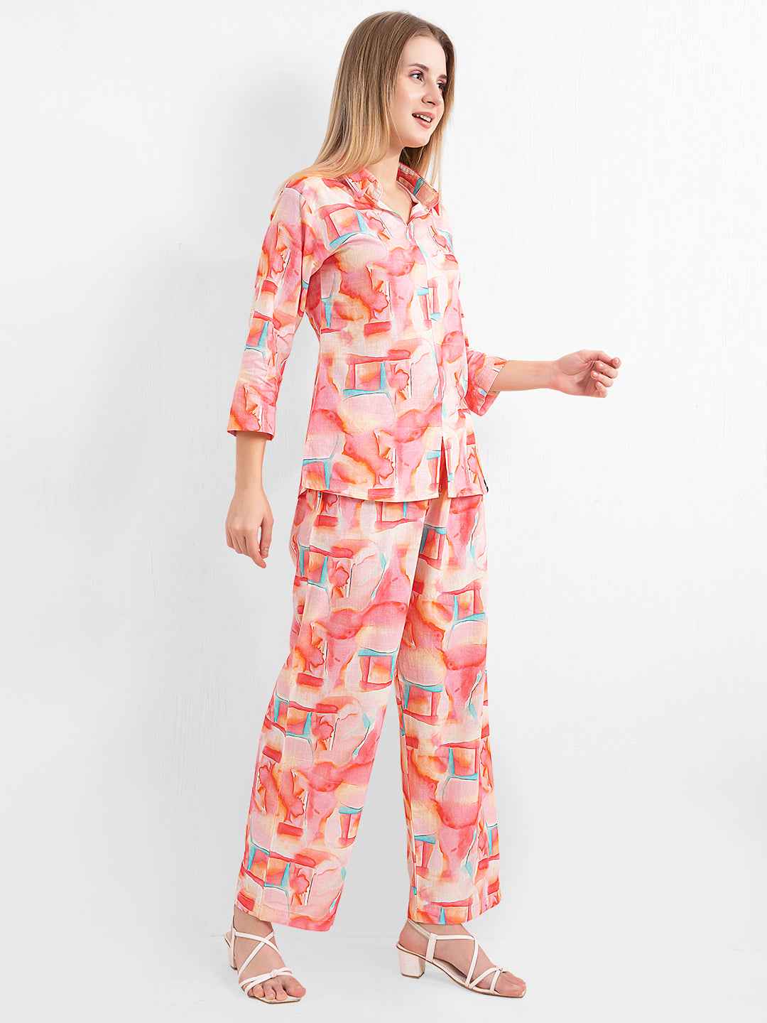 Linen Co-ord Set – Multicolor Abstract Print Shirt & Straight Pants