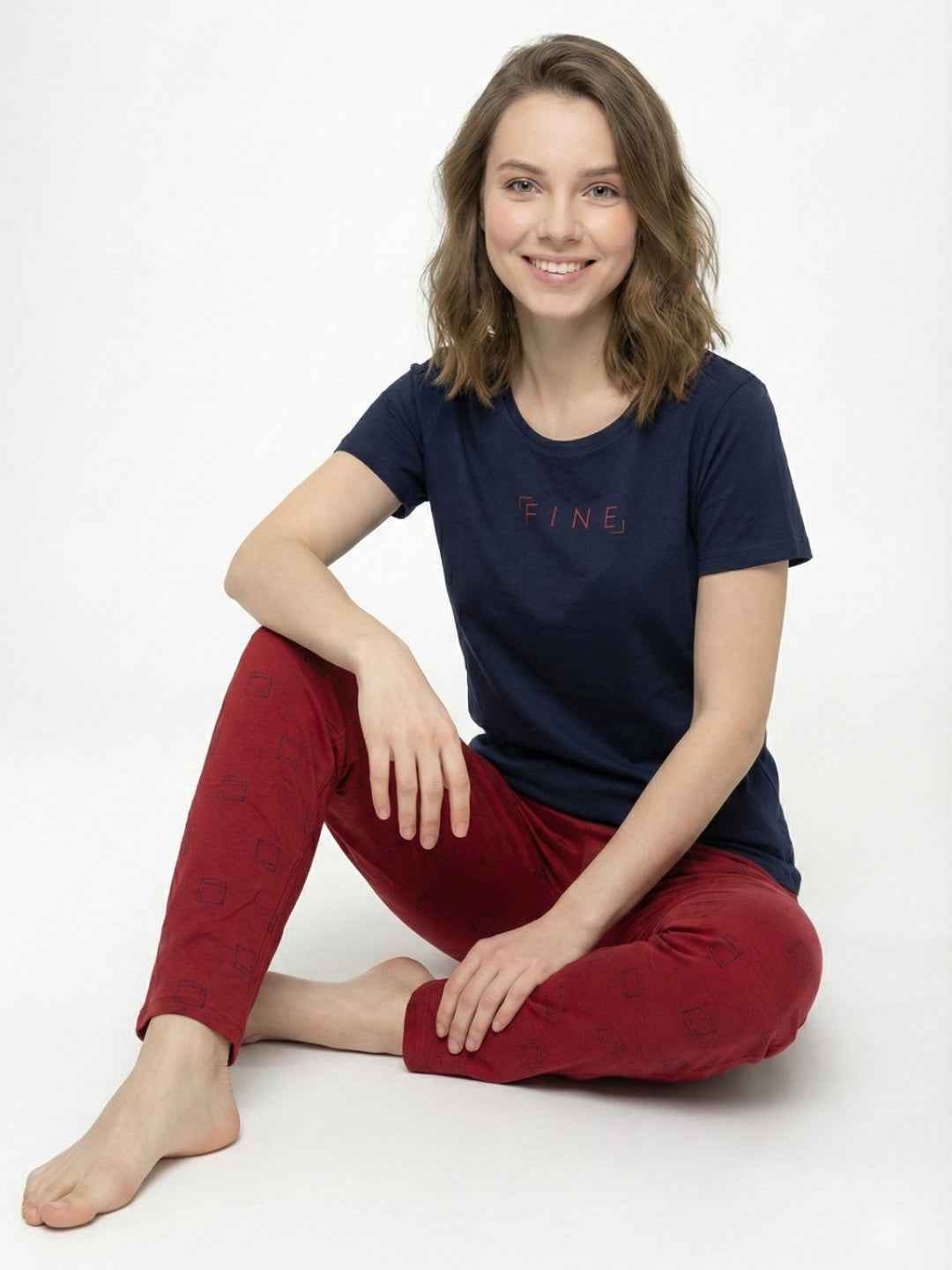 Cotton Night Suit- Navy Blue Top with Red Printed Pyjama