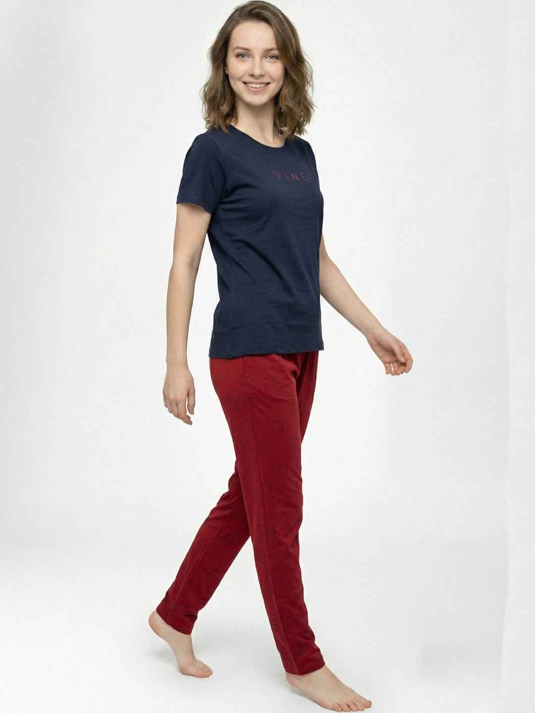 Cotton Night Suit- Navy Blue Top with Red Printed Pyjama