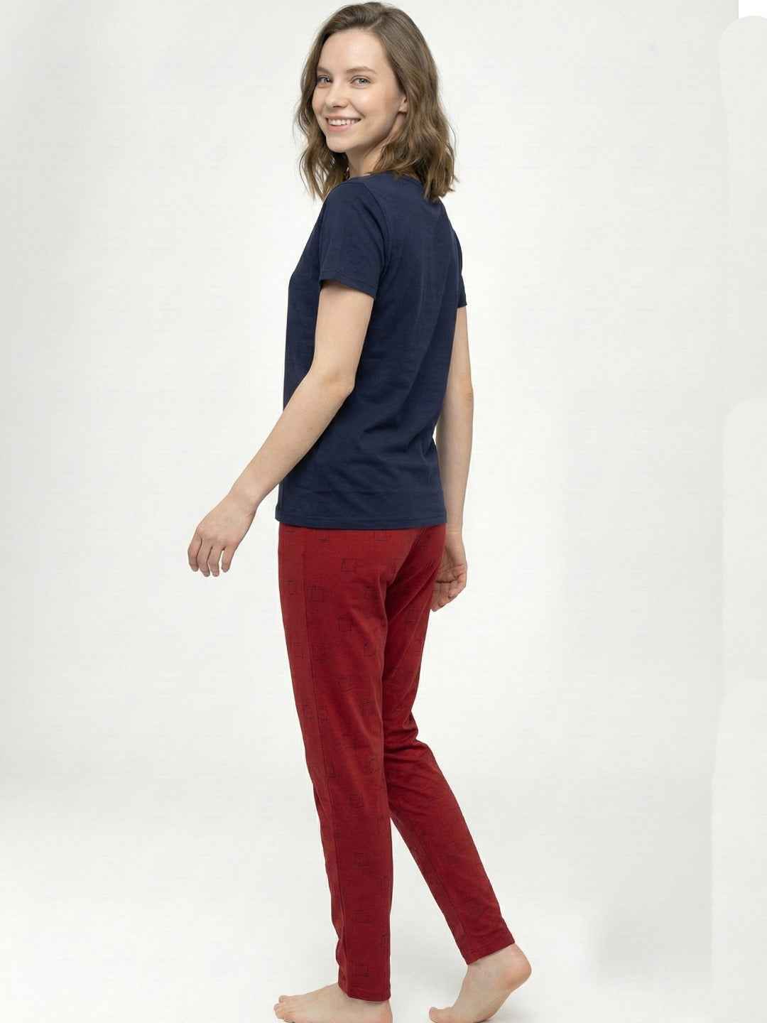 Cotton Night Suit- Navy Blue Top with Red Printed Pyjama
