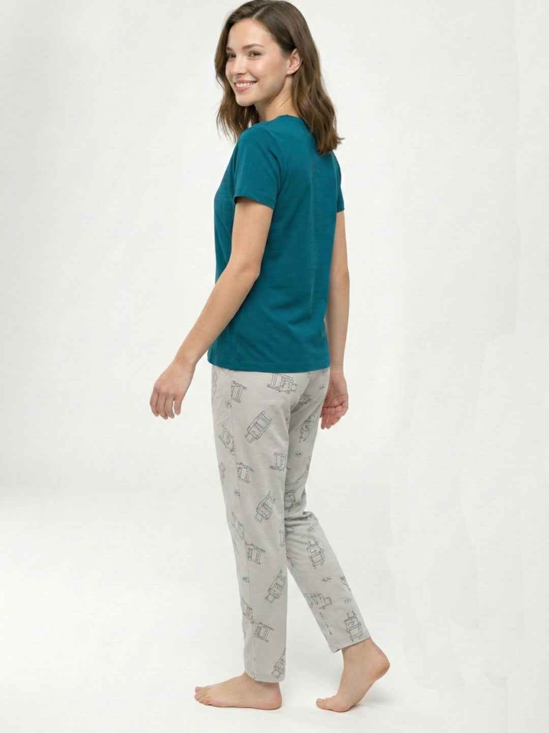 Cotton Night Suit- Teal Top with Grey Printed Pyjama
