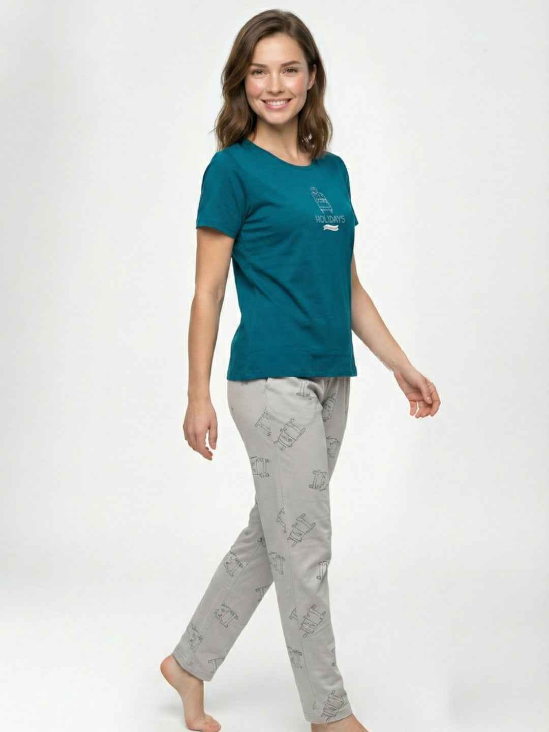 Cotton Night Suit- Teal Top with Grey Printed Pyjama