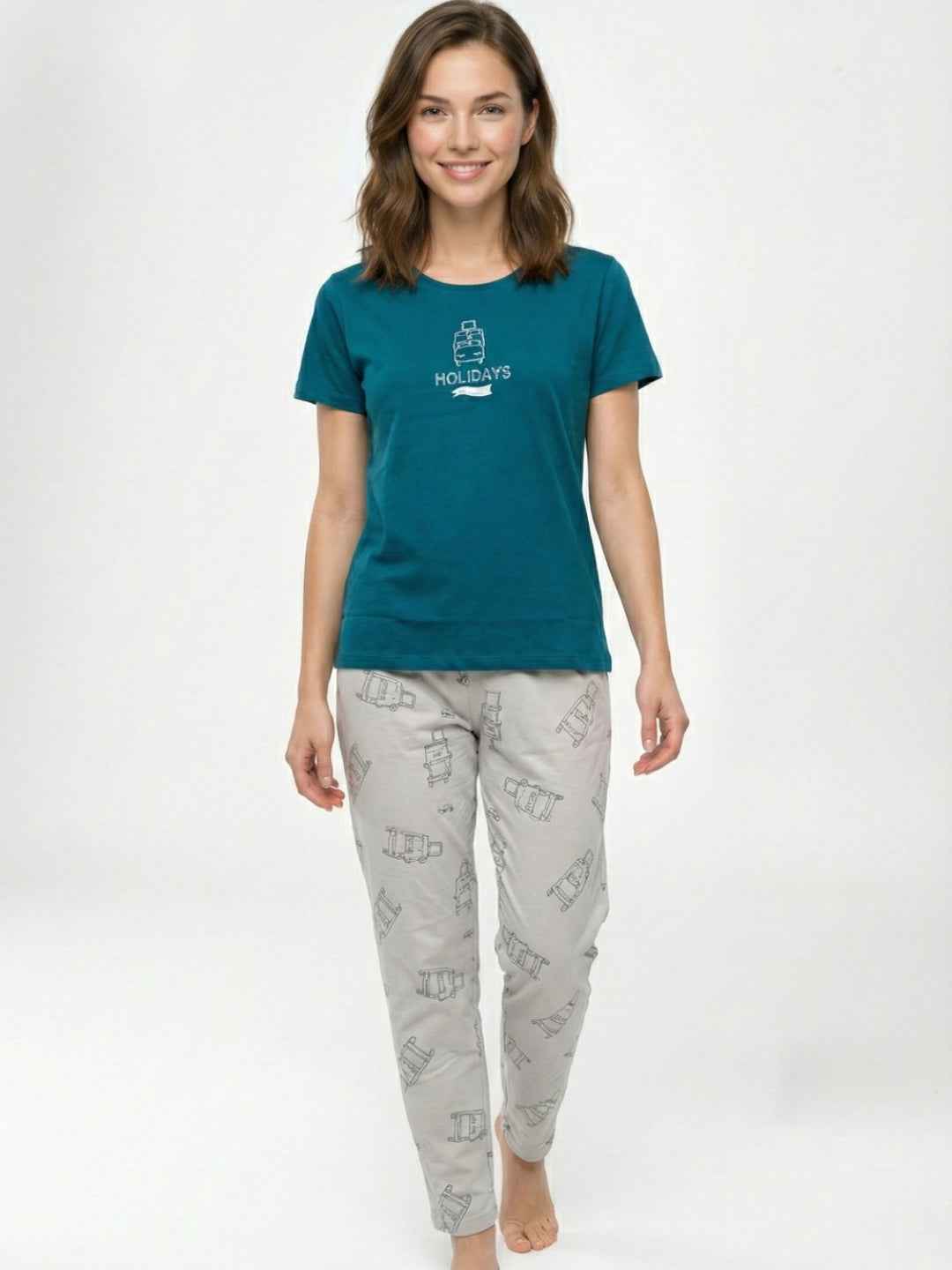 Cotton Night Suit- Teal Top with Grey Printed Pyjama