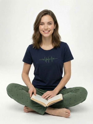 Cotton Night Suit- Navy Blue Top with Olive Printed Pyjama