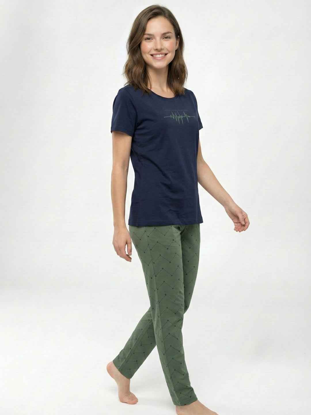 Cotton Night Suit- Navy Blue Top with Olive Printed Pyjama