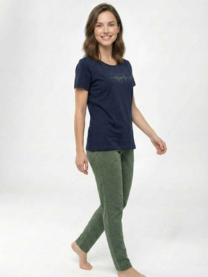 Cotton Night Suit- Navy Blue Top with Olive Printed Pyjama