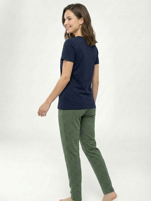 Cotton Night Suit- Navy Blue Top with Olive Printed Pyjama