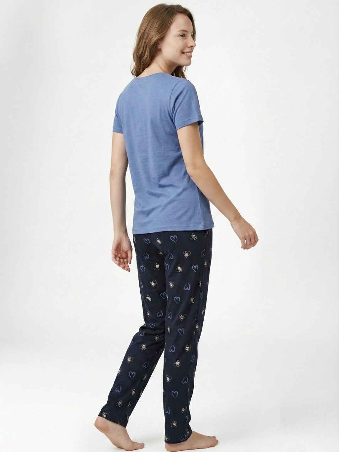 Cotton Night Suit- Blue Top with Navy Blue Printed Pyjama