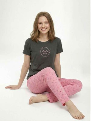 Cotton Night Suit- Grey Top with Pink Printed Pyjama