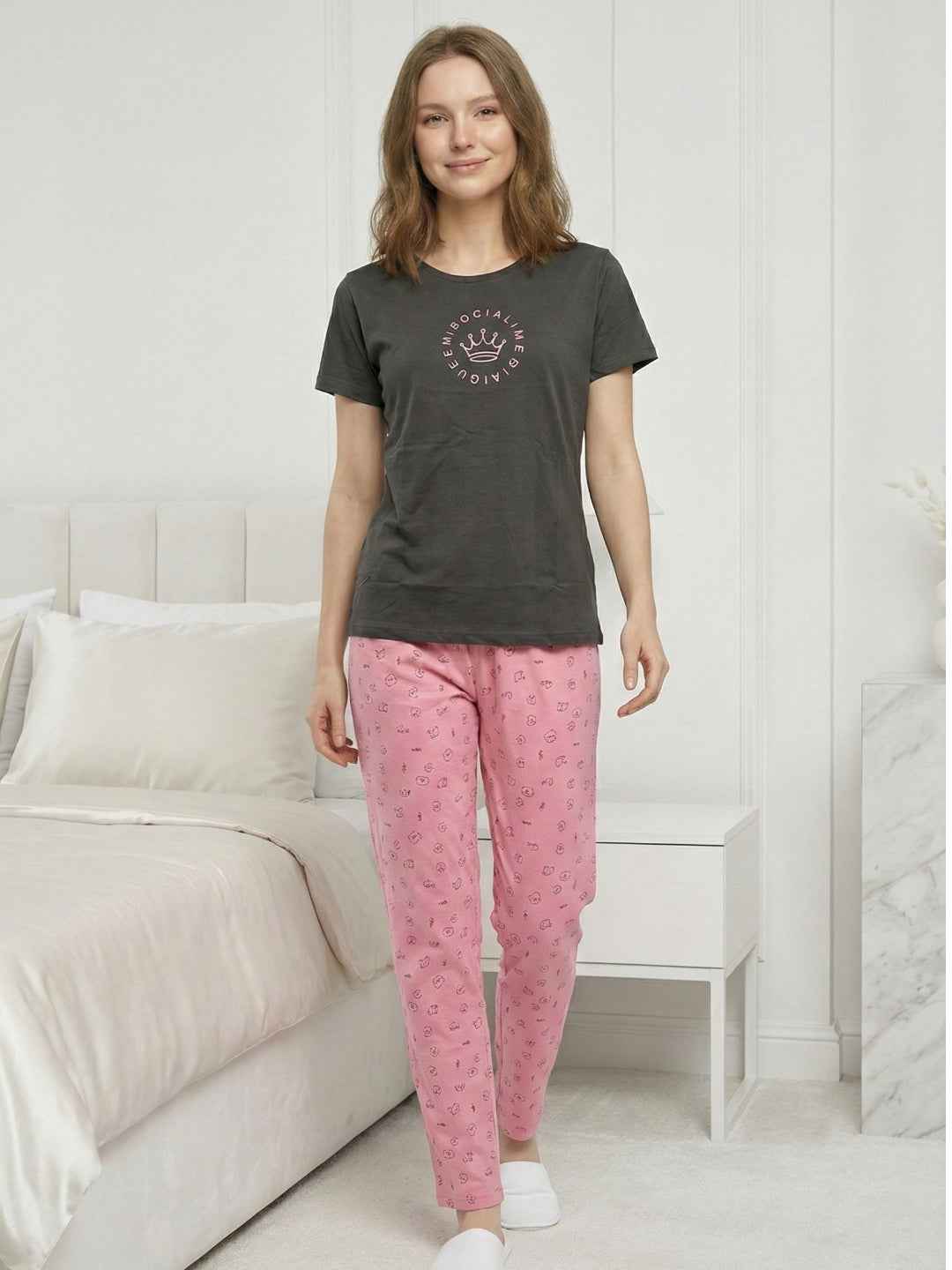 Cotton Night Suit- Grey Top with Pink Printed Pyjama