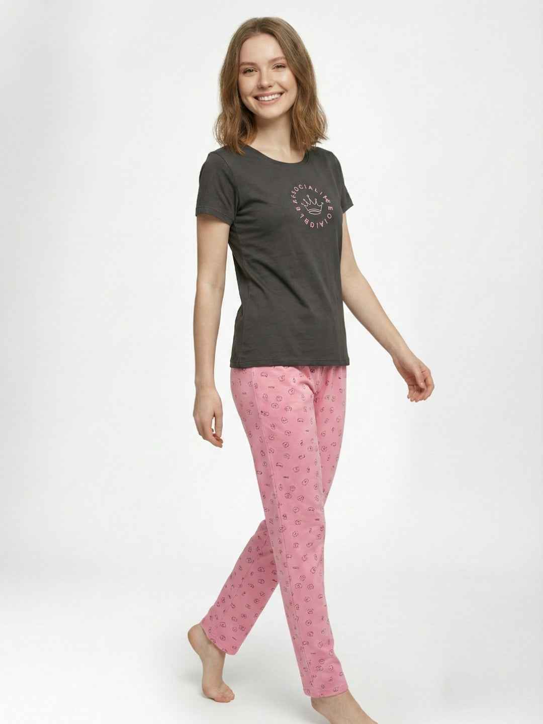 Cotton Night Suit- Grey Top with Pink Printed Pyjama