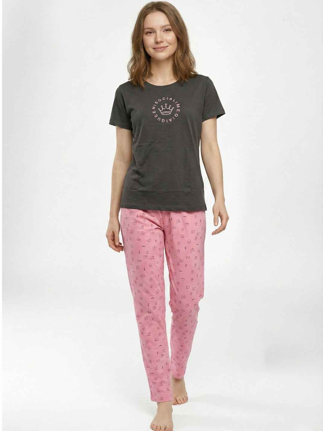 Cotton Night Suit- Grey Top with Pink Printed Pyjama