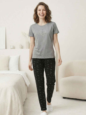 Cotton Night Suit- Grey Top with Black Printed Pyjama