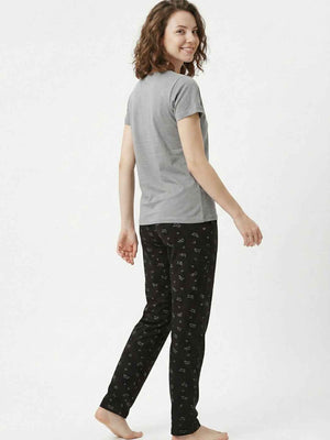 Cotton Night Suit- Grey Top with Black Printed Pyjama