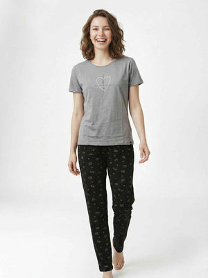 Cotton Night Suit- Grey Top with Black Printed Pyjama