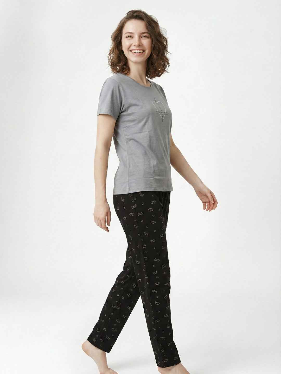 Cotton Night Suit- Grey Top with Black Printed Pyjama