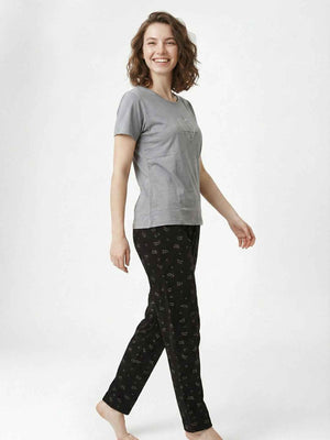Cotton Night Suit- Grey Top with Black Printed Pyjama