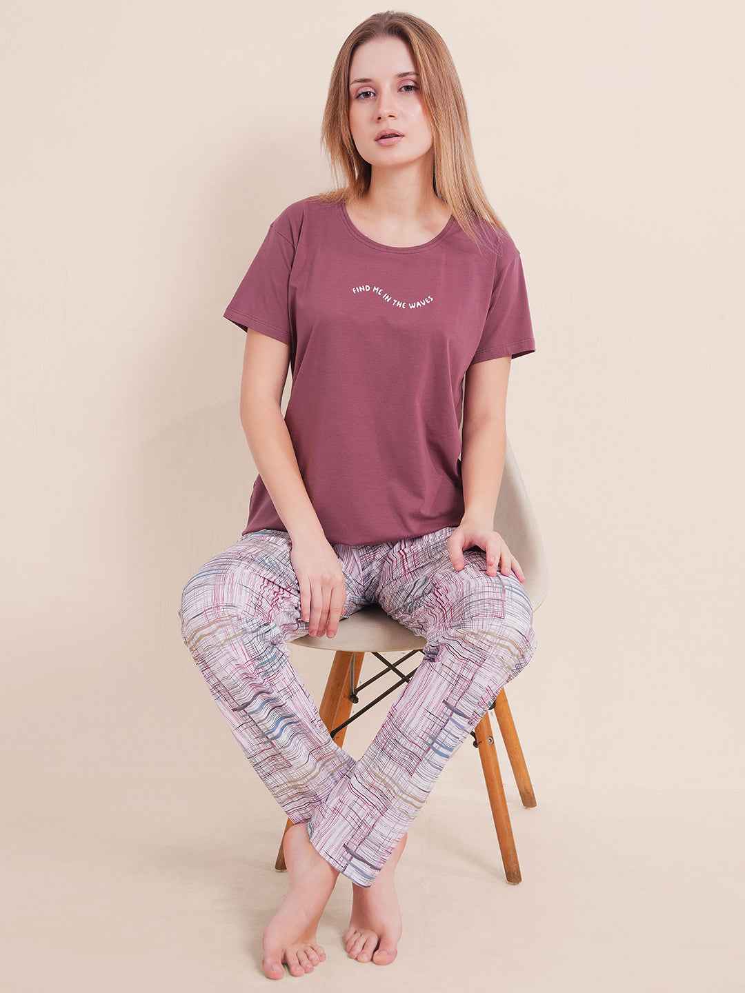 Cotton Night Suit-Purple Top with White Printed Pyjama