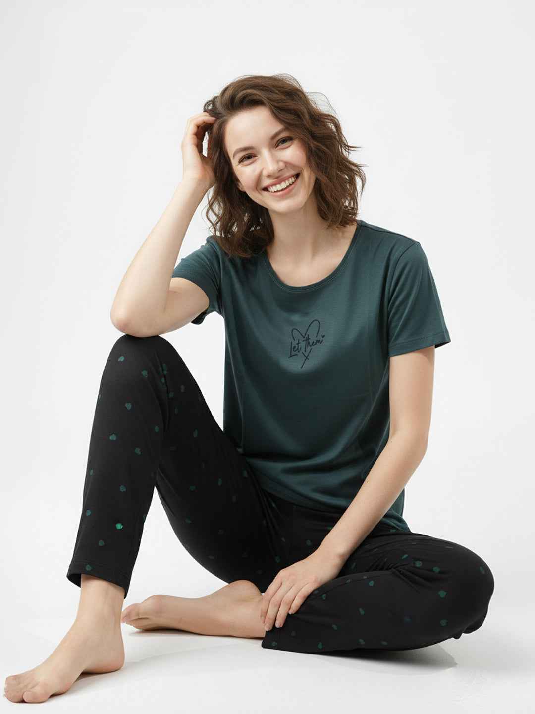 Cotton Night Suit-Dark Green Top with Black Printed Pyjama