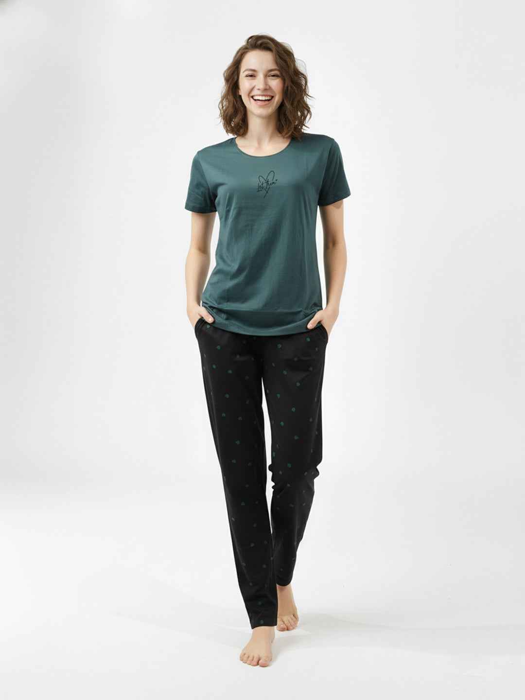 Cotton Night Suit-Dark Green Top with Black Printed Pyjama