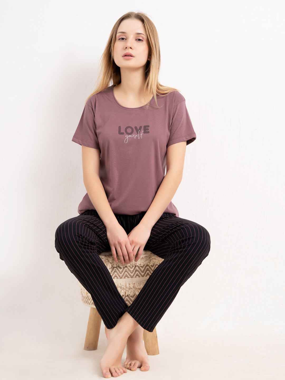 Cotton Night Suit-Maroon Top with Black Striped Pyjama