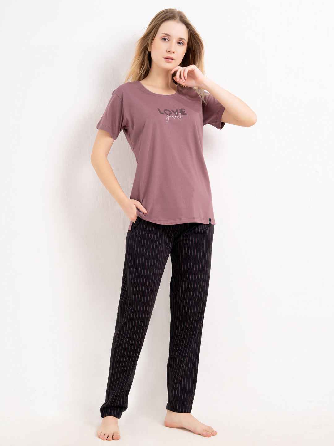Cotton Night Suit-Maroon Top with Black Striped Pyjama