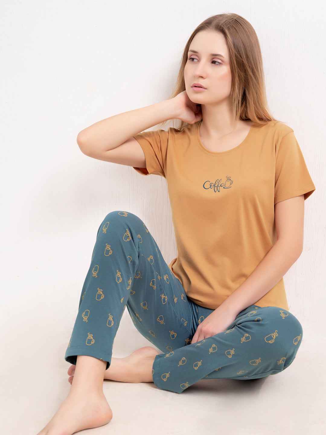 Cotton Night Suit-Orange Top with Blue Printed Pyjama