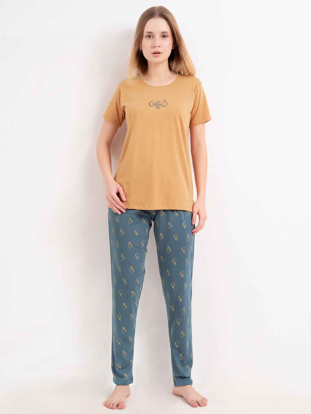 Cotton Night Suit-Orange Top with Blue Printed Pyjama